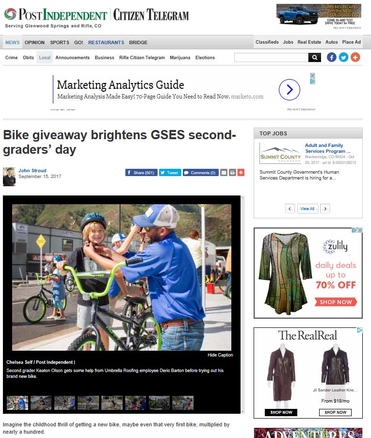Post Independent:, September 15, 2017: Bike giveaway brightens GSES second-graders’ day